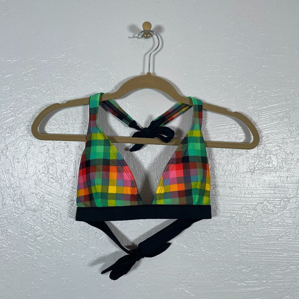 Patagonia Women XL Pink Green Plaid Bikini Top Triangle Halter Tie Padded Summer